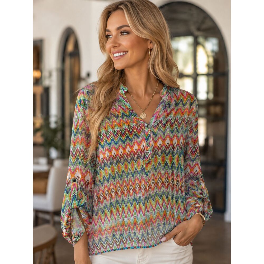 Tacera Womens XL Sheer Colorful Zig Zag Boho Tunic Blouse Long Sleeve Top